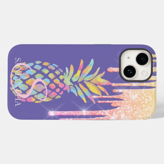 Eleganter Glitzer Tropfen Farbenfrohe Ananas Lila Case-Mate iPhone Hülle (Rückseite (Horizontal))