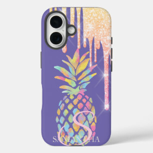 Eleganter Glitzer Tropfen Farbenfrohe Ananas Lila iPhone 16 Hülle