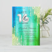 Eleganter Glitzer Tropfen Grüner Sweet 16 Einladung (Stehend Vorderseite)