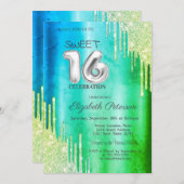Eleganter Glitzer Tropfen Grüner Sweet 16 Einladung (Vorne/Hinten)