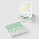 Eleganter Glitzer Tropfen Mint Green Monogram Scri Steinuntersetzer (Seitenansicht)