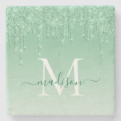 Eleganter Glitzer Tropfen Mint Green Monogram Scri Steinuntersetzer (Vorderseite)
