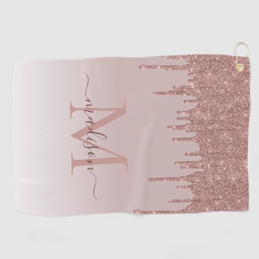 Eleganter Glitzer Tropfen Rose Gold Monogram Scrip Golfhandtuch (Horizontal)
