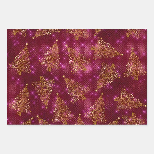 Eleganter Glitzer Weihnachtsbaummuster Geschenkpapier Set (Vorderseite)