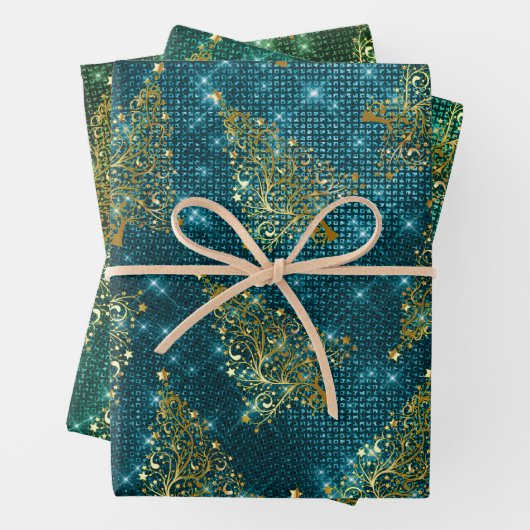 Eleganter Glitzer Weihnachtsbaummuster Geschenkpapier Set (Beispiel)
