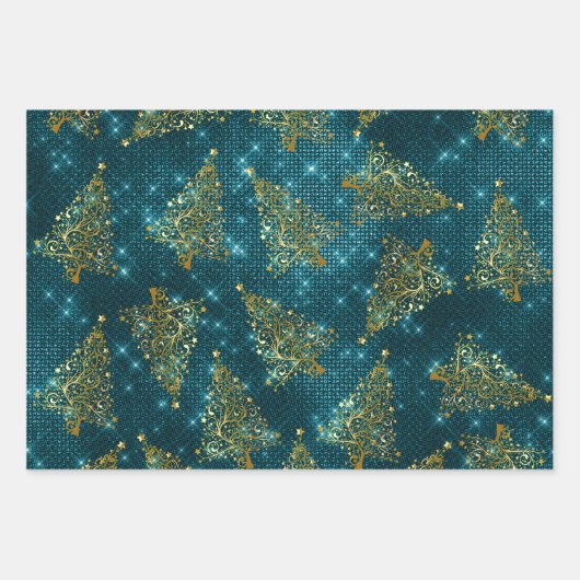 Eleganter Glitzer Weihnachtsbaummuster Geschenkpapier Set (Vorderseite)