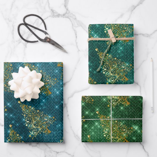 Eleganter Glitzer Weihnachtsbaummuster Geschenkpapier Set (Vorderseite)