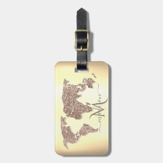 Eleganter Glitzer World Map Travel Monogram Gepäckanhänger (Vorderseite vertikal)