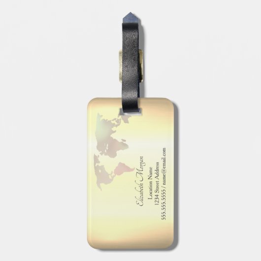 Eleganter Glitzer World Map Travel Monogram Gepäckanhänger (Rückseite vertikal)