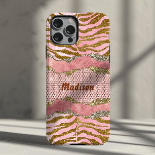 Eleganter glitziger Blush-Rose-Tierdruck-Monogramm Case-Mate iPhone Hülle
