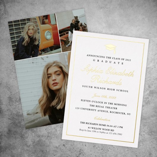 Eleganter Gold 3 Foto Abschluss Folieneinladung