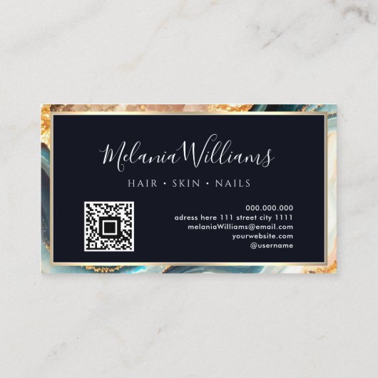 Eleganter Gold Aquamarin Marble Agate Geode QR Cod Visitenkarte (Rückseite)