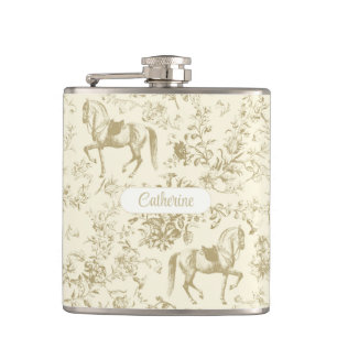 Eleganter Gold-Beiger Reitsport Floral Toile Name Flachmann