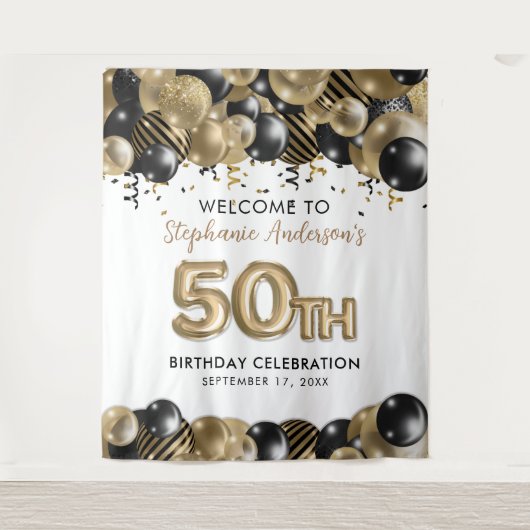 Eleganter Gold Black Glitzer 50. Geburtstag Wandteppich (Vorderseite)
