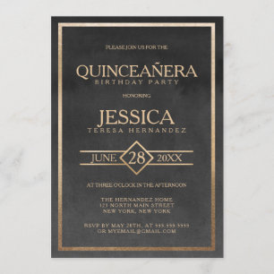 Eleganter Gold Black Watercolor Rahmen Quinceñera Einladung