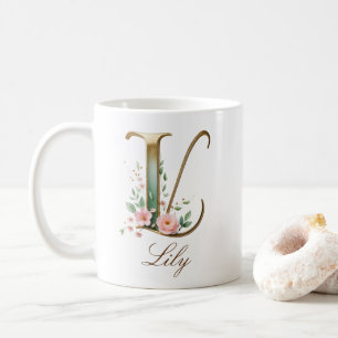 Eleganter Gold-Blumen-Initial-L-Monogramm-Becher Kaffeetasse