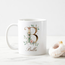 Eleganter Gold-Blumen-Initiale B Monogramm-Becher