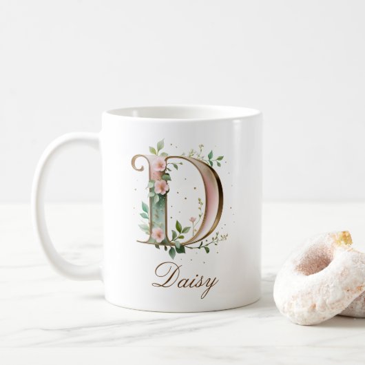 Eleganter Gold-Blumen-Initiale D-Monogramm-Becher Kaffeetasse (Mit Donut)
