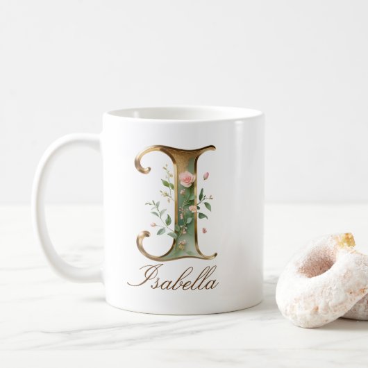 Eleganter Gold-Blumen-Initiale I Monogramm-Becher Kaffeetasse (Mit Donut)