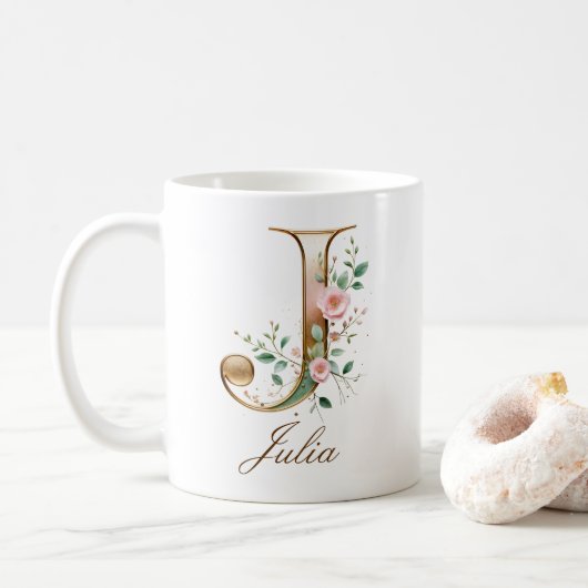 Eleganter Gold-Blumen-Initiale J Monogramm-Becher Kaffeetasse (Mit Donut)