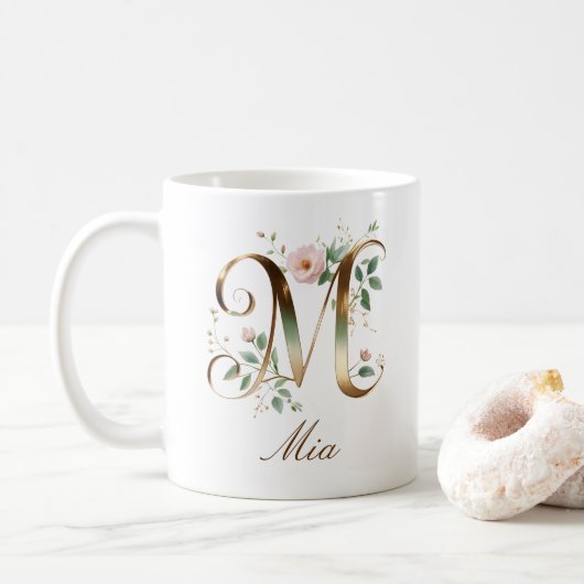 Eleganter Gold-Blumen-Initiale M-Monogramm-Becher Kaffeetasse (Mit Donut)