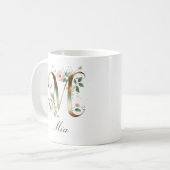 Eleganter Gold-Blumen-Initiale M-Monogramm-Becher Kaffeetasse (Vorderseite Links)