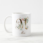 Eleganter Gold-Blumen-Initiale M-Monogramm-Becher Kaffeetasse (Links)