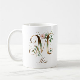 Eleganter Gold-Blumen-Initiale M-Monogramm-Becher Kaffeetasse