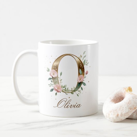 Eleganter Gold-Blumen-Initiale O Monogramm-Becher Kaffeetasse (Mit Donut)