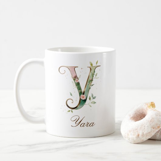 Eleganter Gold-Blumen-Initiale Y-Monogramm-Becher Kaffeetasse (Mit Donut)