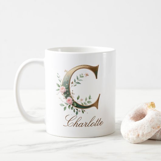 Eleganter Gold-Blumen-Initialen-C-Monogramm-Becher Kaffeetasse (Mit Donut)