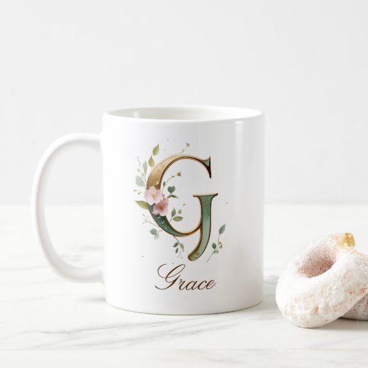 Eleganter Gold-Blumen-Initialen-G-Monogramm-Becher Kaffeetasse (Mit Donut)