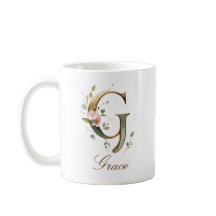Eleganter Gold-Blumen-Initialen-G-Monogramm-Becher