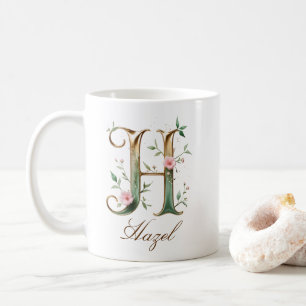 Eleganter Gold-Blumen-Initialen-H-Monogramm-Becher Kaffeetasse