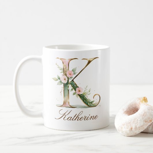 Eleganter Gold-Blumen-Initialen-K-Monogramm-Becher Kaffeetasse (Mit Donut)