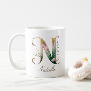 Eleganter Gold-Blumen-Initialen-N-Monogramm-Becher Kaffeetasse