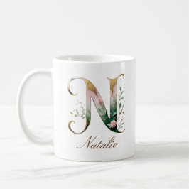 Eleganter Gold-Blumen-Initialen-N-Monogramm-Becher Kaffeetasse