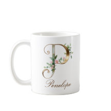 Eleganter Gold-Blumen-Initialen-P-Monogramm-Becher
