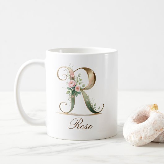 Eleganter Gold-Blumen-Initialen-R-Monogramm-Becher Kaffeetasse (Mit Donut)