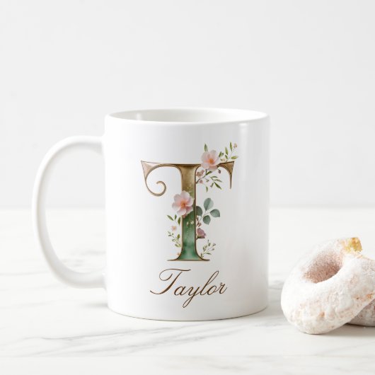 Eleganter Gold-Blumen-Initialen-T-Monogramm-Becher Kaffeetasse (Mit Donut)