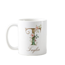 Eleganter Gold-Blumen-Initialen-T-Monogramm-Becher