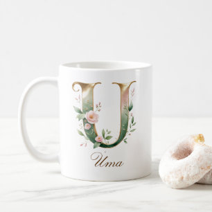 Eleganter Gold-Blumen-Initialen-U-Monogramm-Becher Kaffeetasse