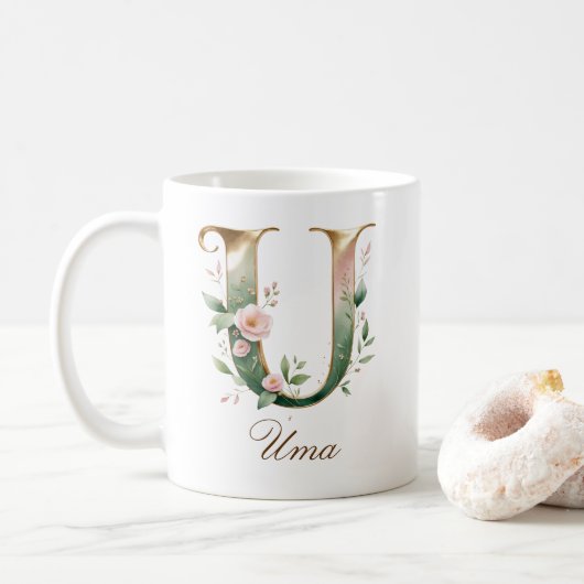 Eleganter Gold-Blumen-Initialen-U-Monogramm-Becher Kaffeetasse (Mit Donut)
