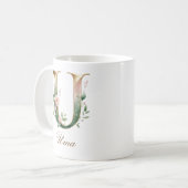 Eleganter Gold-Blumen-Initialen-U-Monogramm-Becher Kaffeetasse (Vorderseite Links)
