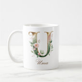 Eleganter Gold-Blumen-Initialen-U-Monogramm-Becher Kaffeetasse (Links)