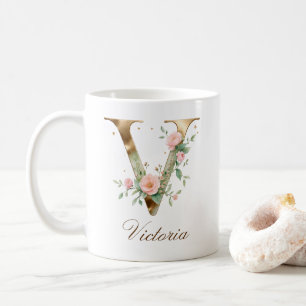Eleganter Gold-Blumen-Initialen-V-Monogramm-Becher Kaffeetasse