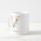 Eleganter Gold-Blumen-Initialen-V-Monogramm-Becher Kaffeetasse (Vorderseite Links)