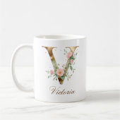 Eleganter Gold-Blumen-Initialen-V-Monogramm-Becher Kaffeetasse (Links)