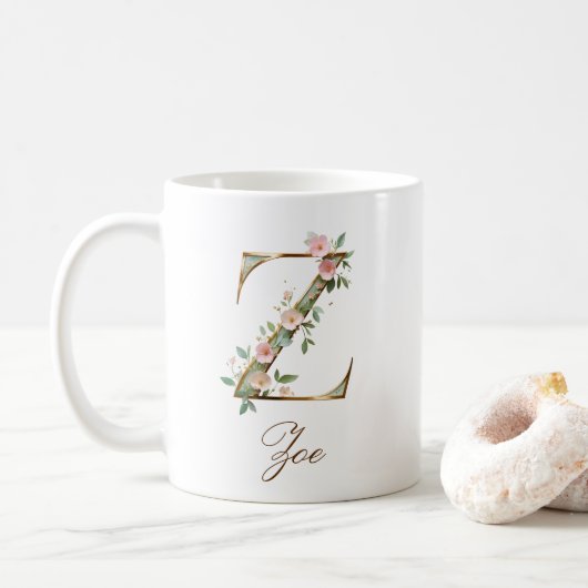 Eleganter Gold-Blumen-Initialen-Z-Monogramm-Becher Kaffeetasse (Mit Donut)