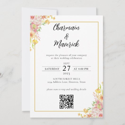 Eleganter Gold Border QR Code Hochzeit Einladung (Rückseite)
